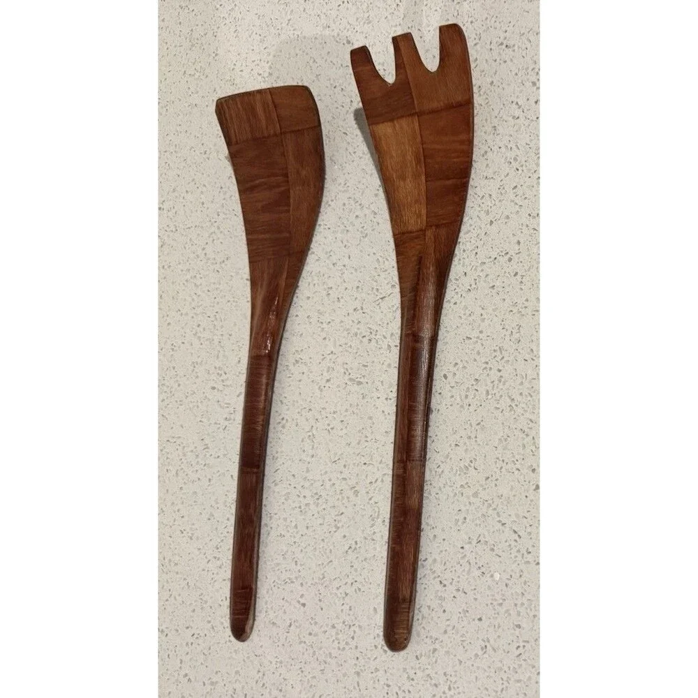 Vintage SALAD SERVER SET Spoon Spork Solid Teak Wood Patch Pattern 10” MCM